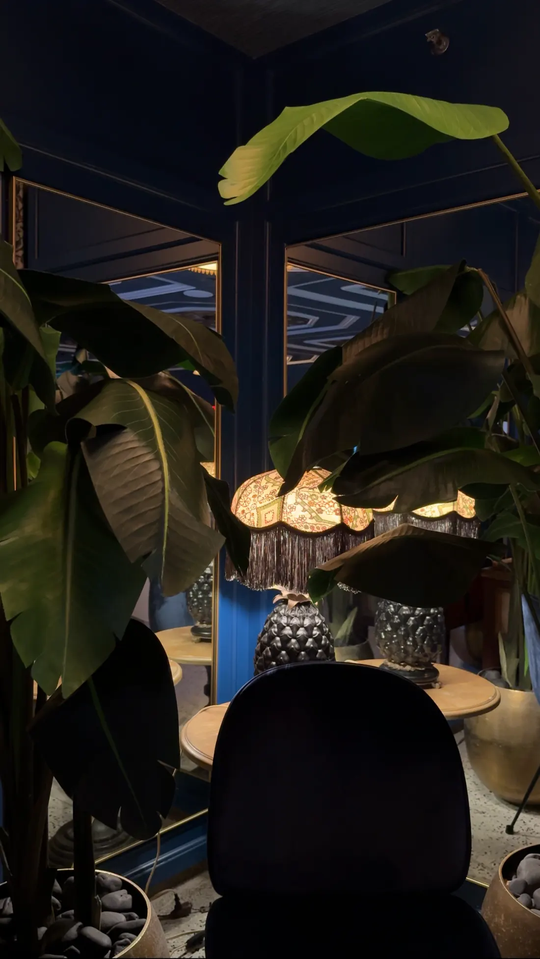 Moody navy room with a fringed lamp glowing between banana leaves